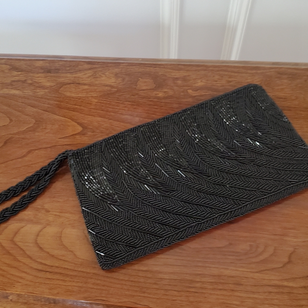Beaded Sequined Black Wristlet Clutch